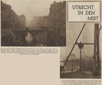 874643 Collage van 2 foto's betreffende de mist over de stad Utrecht, met linksboven een gezicht op de Maartensbrug ...
